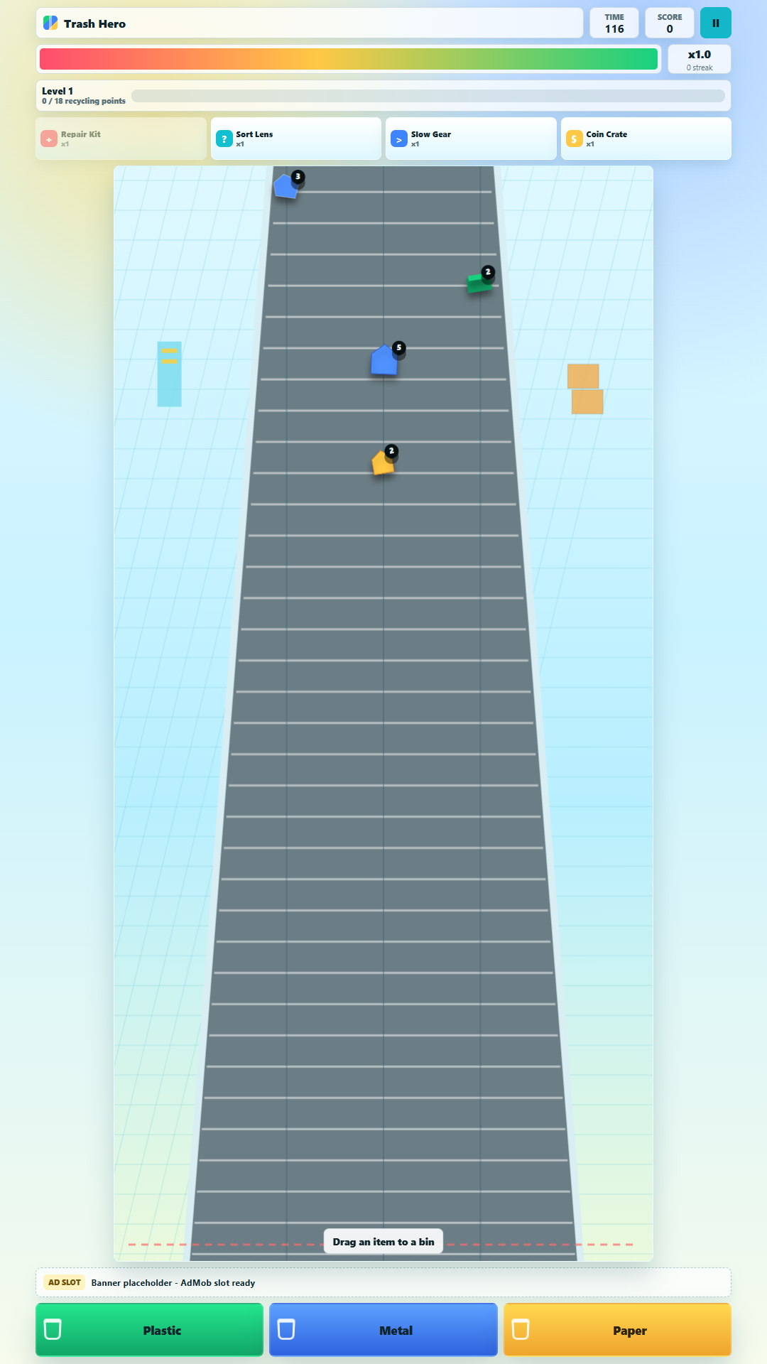 Trash Hero gameplay showing recycling items on a conveyor and plastic, metal, and paper sorting bins